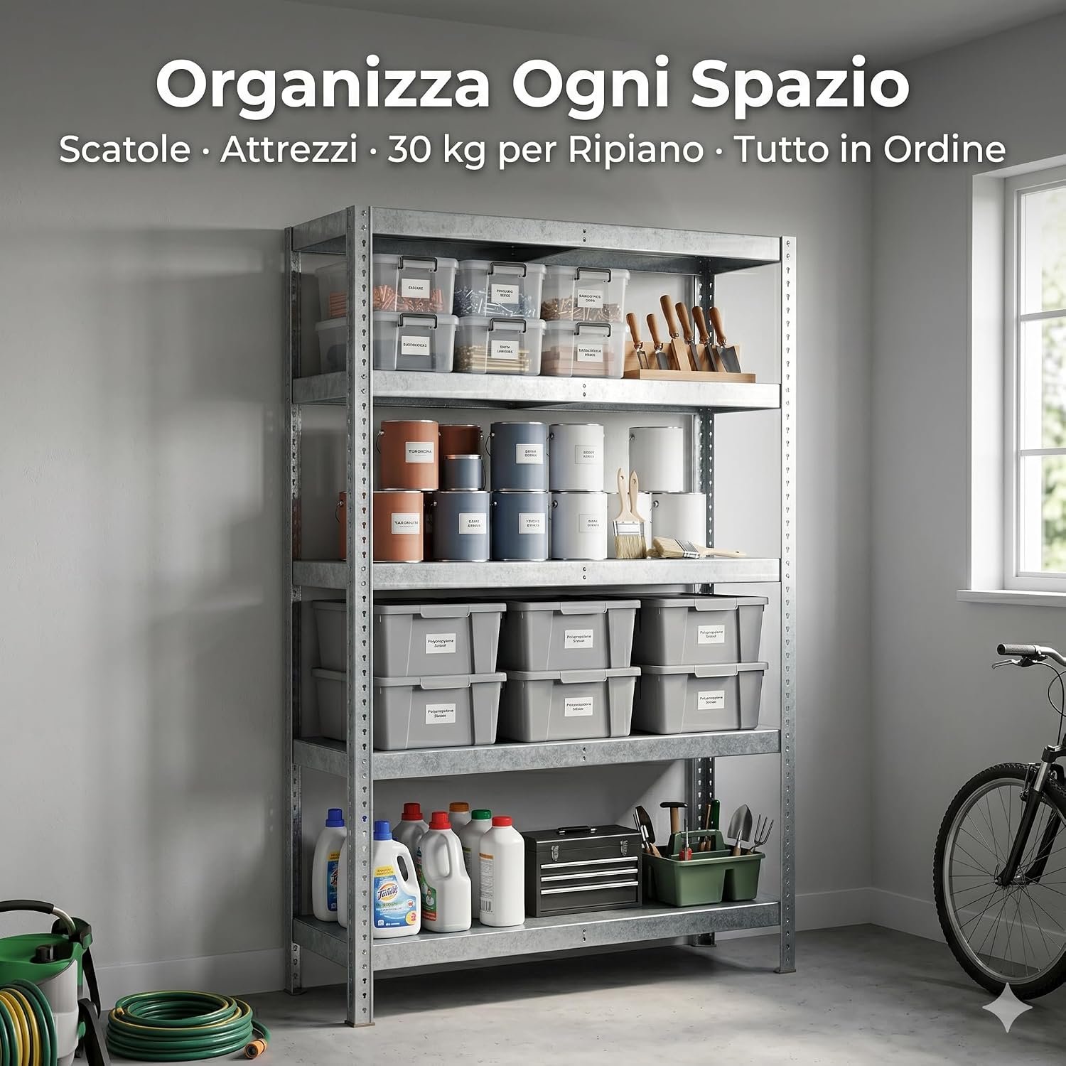 Scaffale in Metallo 4 Ripiani 70x26x127h cm – Scaffalatura in Lamiera Zincata Portata 30 kg per Piano – Scaffale Garage Cantina Magazzino con Fissaggio a Parete Incluso - Lemag srl