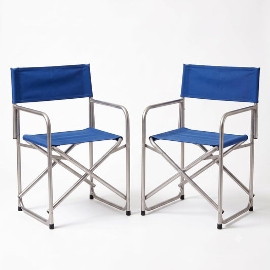 Set di 2 sedie regista pieghevoli blu con telaio in acciaio, ideali per giardino e campeggio.