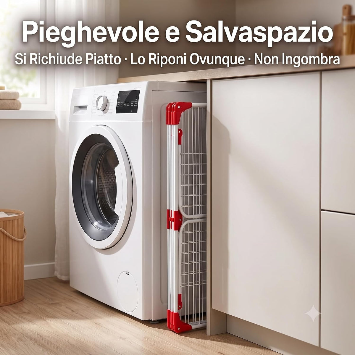 Lo stendibiancheria pieghevole con ali chiuso e riposto in un piccolo spazio accanto alla lavatrice.
