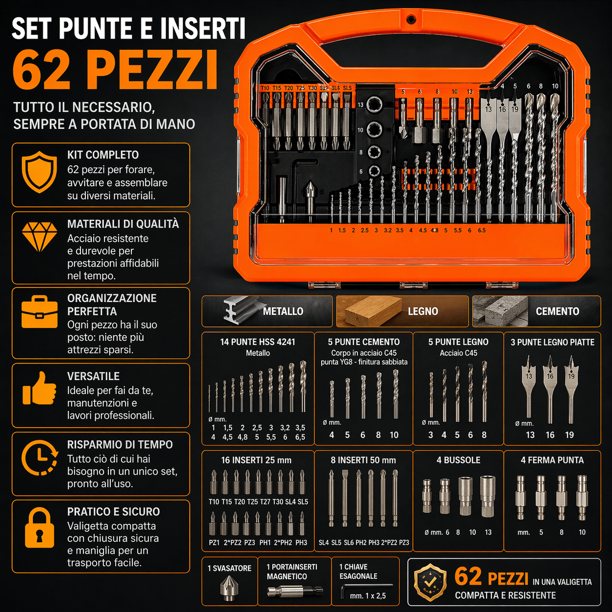 Set Punte Trapano e Inserti 62 Pezzi Metallo Legno Cemento - Lemag srl