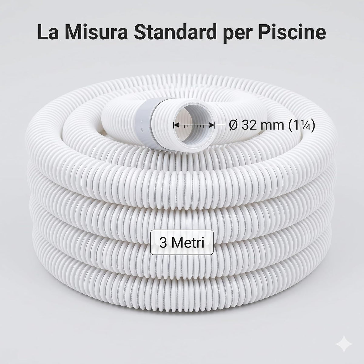 Rotolo di tubo pompa piscina 32 mm bianco da 3 metri, ideale come ricambio standard per l'impianto di filtrazione.