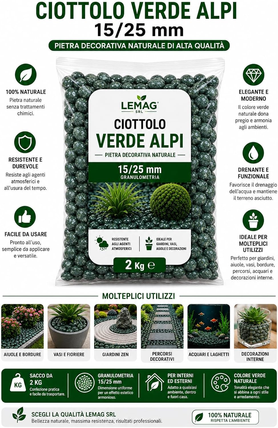 Ciottolo Verde Alpi 15/25 mm in Sacco da 2 kg Pietra Decorativa Naturale per Giardino Vasi Aiuole Interno Esterno - Lemag srl