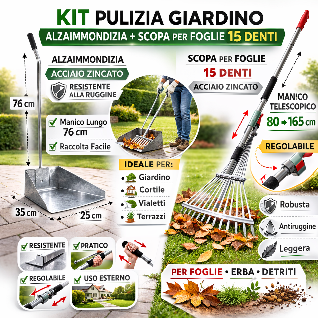 Kit Pulizia Giardino con Alzaimmondizia Zincato 35x25x76h cm + Scopa Foglie Regolabile 15 Denti con Manico Telescopico 80–165 cm - Lemag srl
