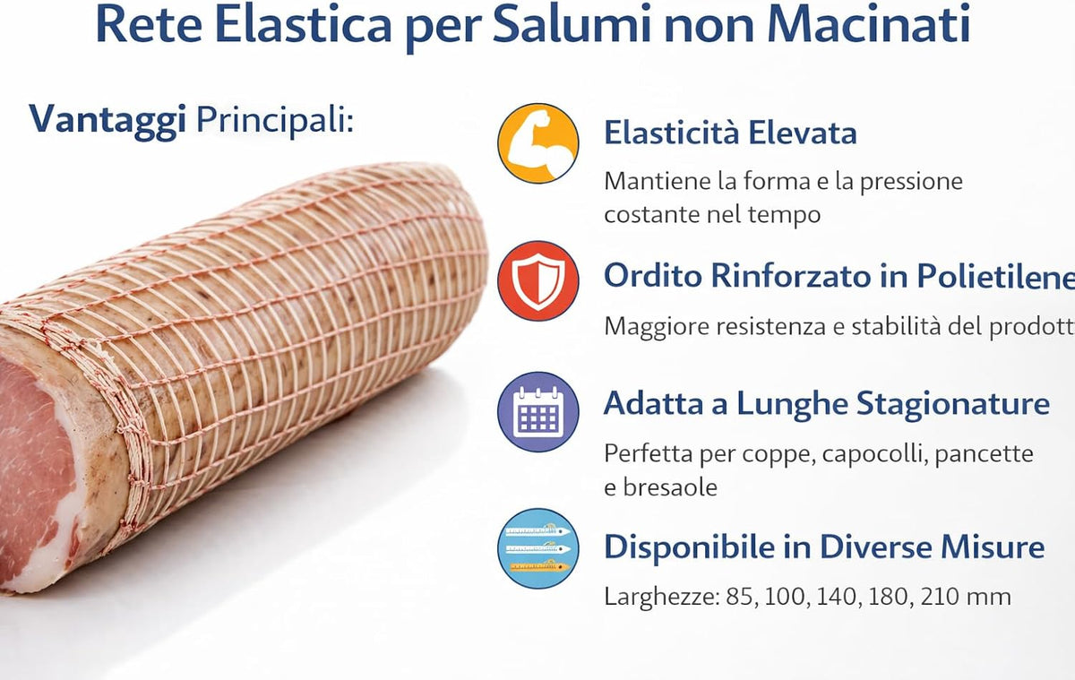 Rete per Salumi in Cotone Doppia Trama con Ordito Rinforzato in Polietilene - Rotolo 50 mt - Bianca/Rossa - Diverse Misure 85 100 140 180 210 mm - Lemag srl