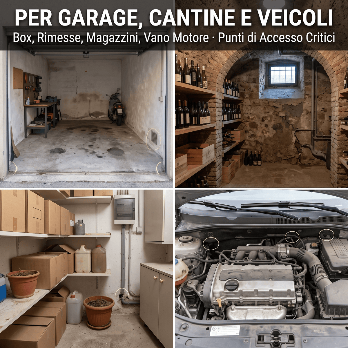Applicazione di disabituante per topi in garage, cantine, magazzini e vano motore per proteggere veicoli e ambienti dai roditori.
