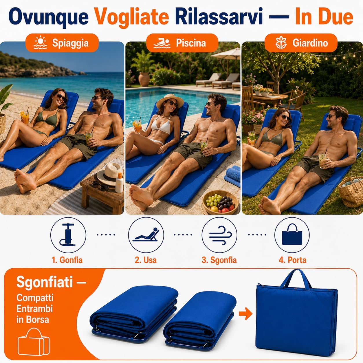 Set 2 Materassini Gonfiabili da Spiaggia con Schienale 147x47x41cm – Sdraio Gonfiabile Coppia | Piscina Campeggio Giardino | Schienale Reclinabile | Made in Italy - Lemag srl