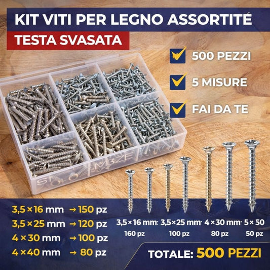 Set Viti Legno Assortite Testa Svasata 500 Pezzi 5 Misure - Lemag srl