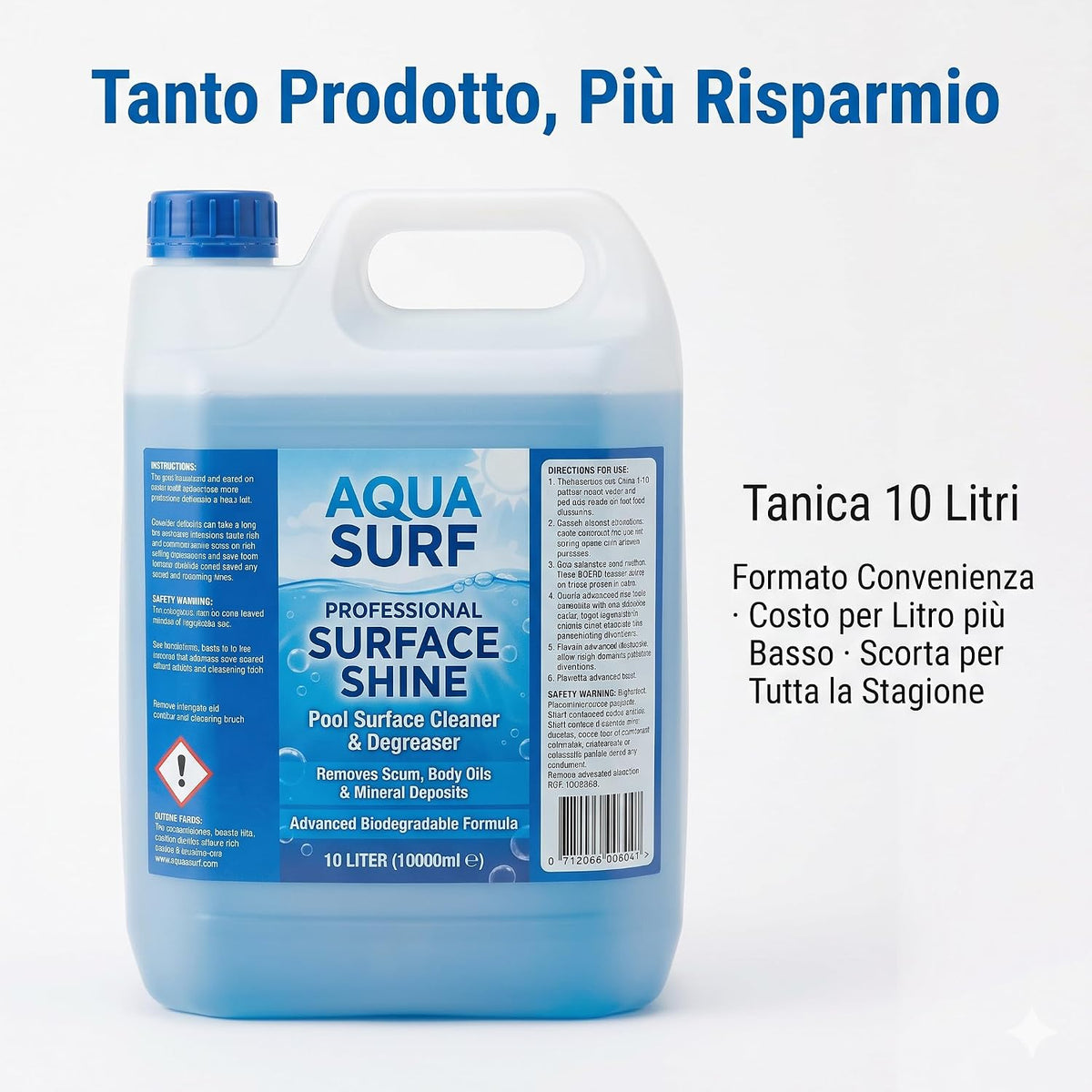 Tanica da 10 litri di detergente sgrassante piscina, formato convenienza per la pulizia dei bordi e della linea di galleggiamento.