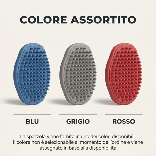 Tre spazzole in silicone per cani e gatti nei colori assortiti blu, grigio e rosso.