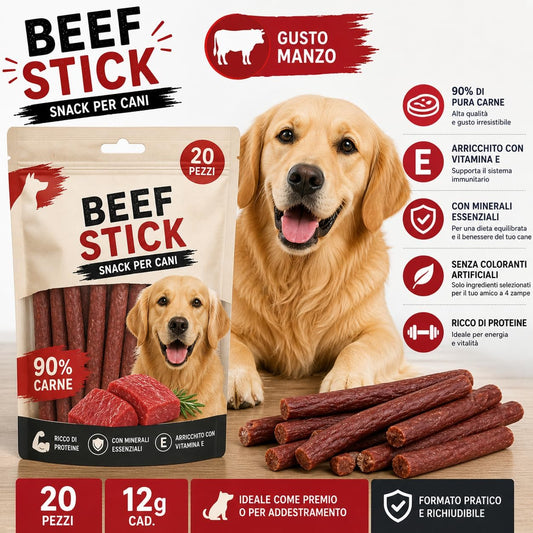 Snack per Cani Beef Stick 12 g x 20 Pezzi – 90% Carne di Manzo - Lemag srl
