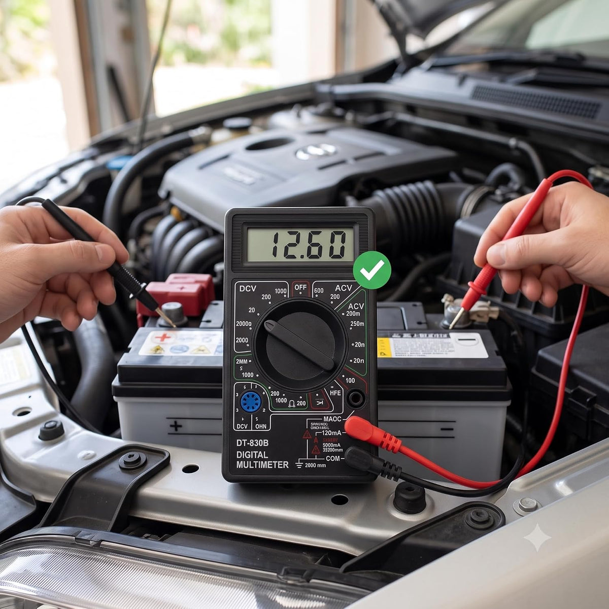 Misurazione della tensione di una batteria auto con un multimetro digitale professionale.