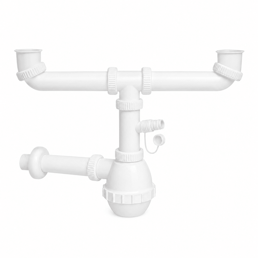 Sifone Lavello Cucina 2 Vie "Francia" con Attacco Lavatrice – 1"1/2 | Scarico Ø32/40 mm | Sifone Doppio Vasca con Presa Lavatrice Anti - Odore | Fai da Te - Lemag srl