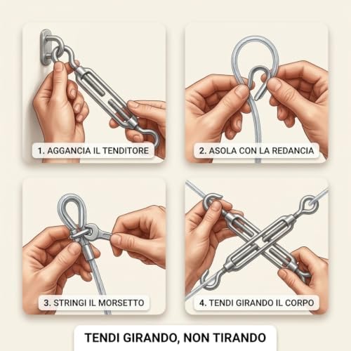Filo Stendibiancheria Acciaio Rivestito PVC 4 mm × 20 m – Carico Rottura 250 kg – Kit con 2 Tenditori, 2 Redance, 2 Morsetti - Lemag srl