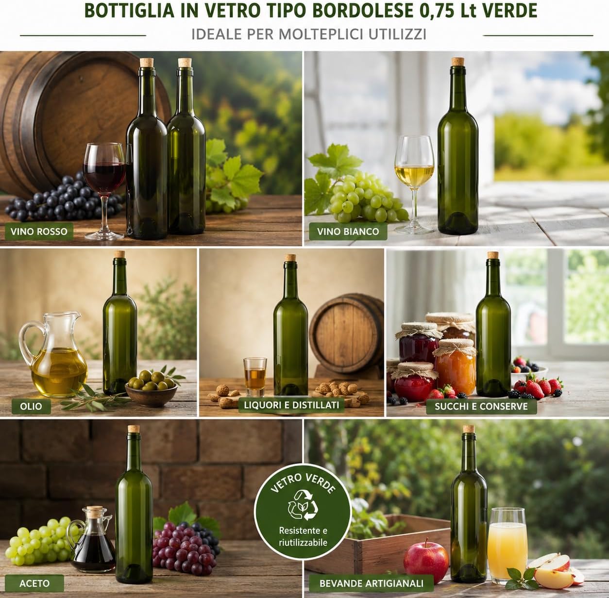 Bottiglia in Vetro per Vino Tipo Bordolese 0,75 Lt Verde con Tappo in Sughero Confezione 6 Bottiglie per Imbottigliamento Vino - Lemag srl