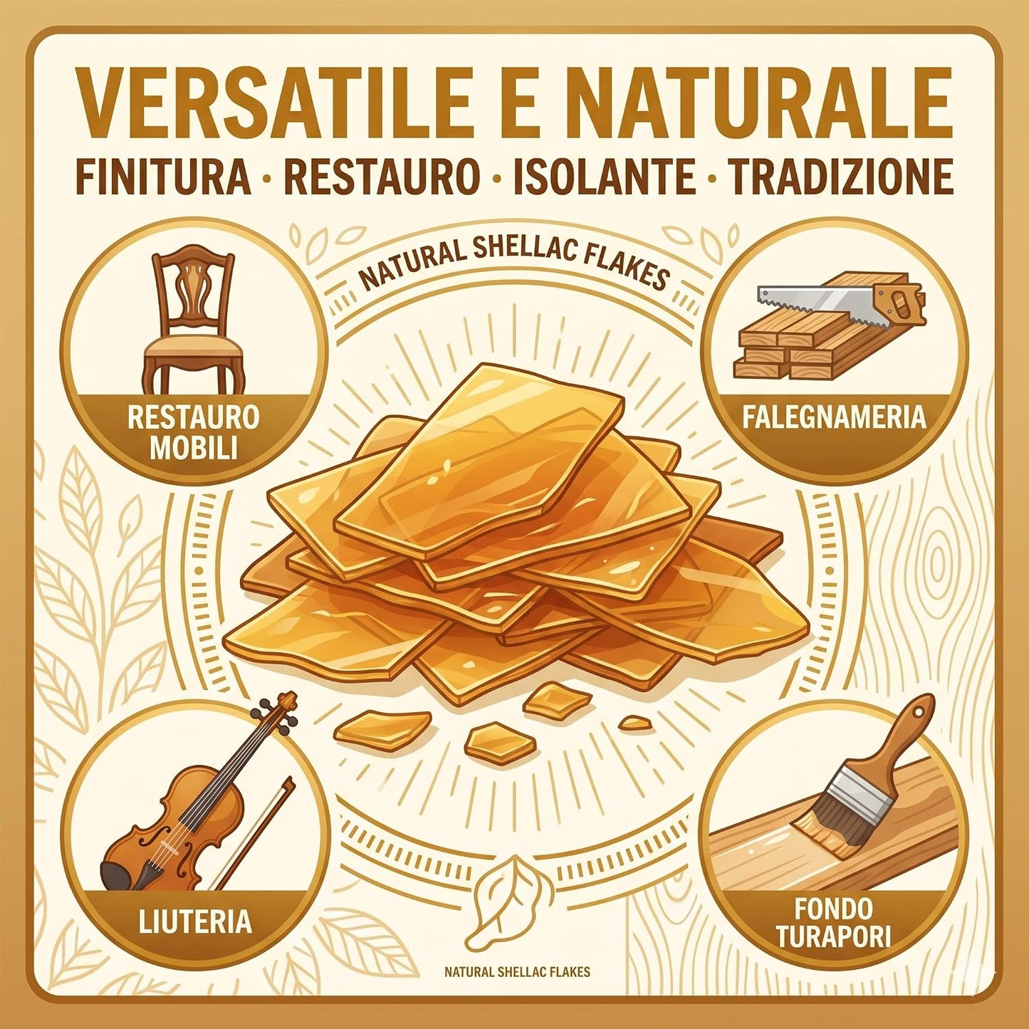 Uso della gommalacca in scaglie dorata naturale per restauro di mobili antichi, falegnameria, liuteria e fondo turapori.