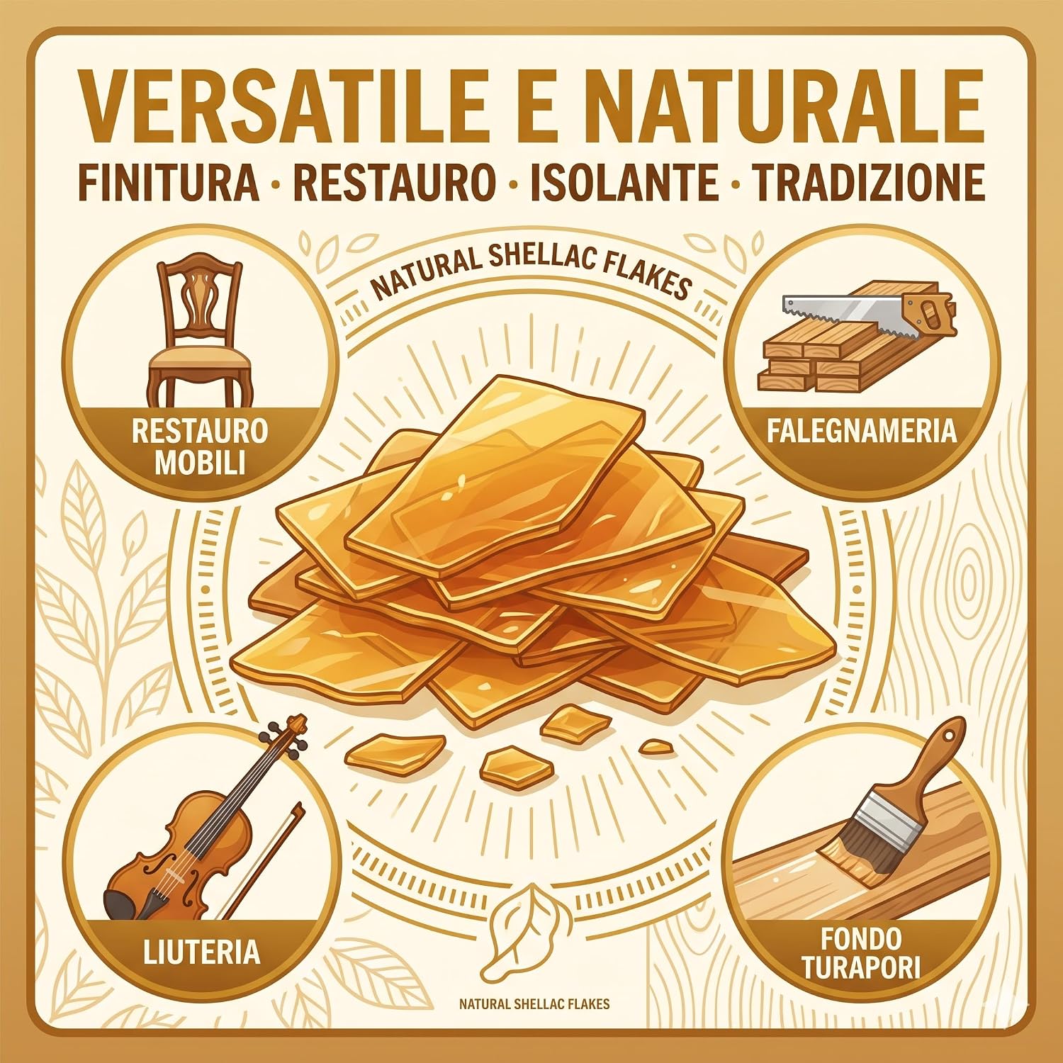 Uso della gommalacca in scaglie dorata naturale per restauro di mobili antichi, falegnameria, liuteria e fondo turapori.