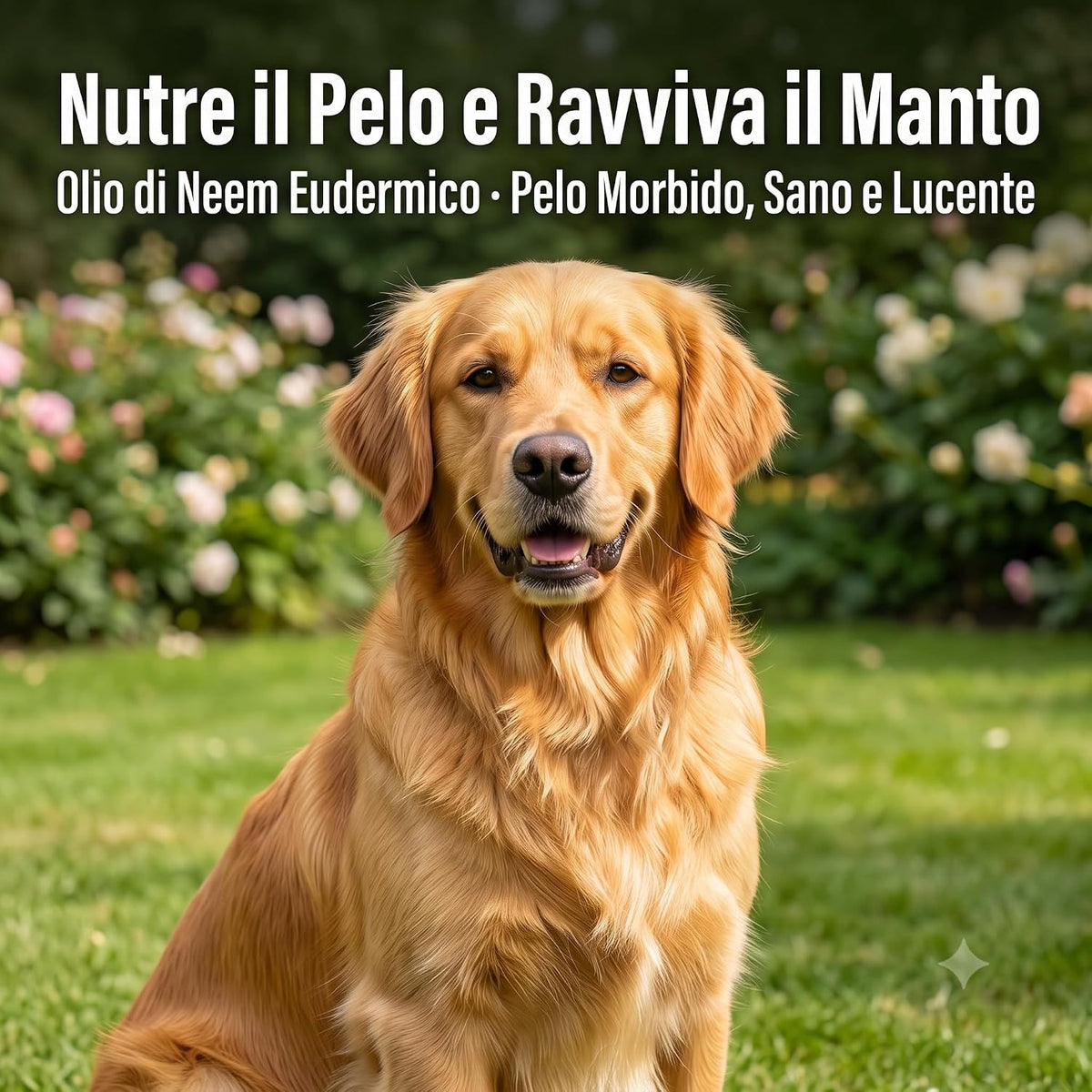 Cane con pelo lucido e morbido dopo l'uso dello shampoo per cani al tea tree e neem per nutrire e ravvivare il manto.
