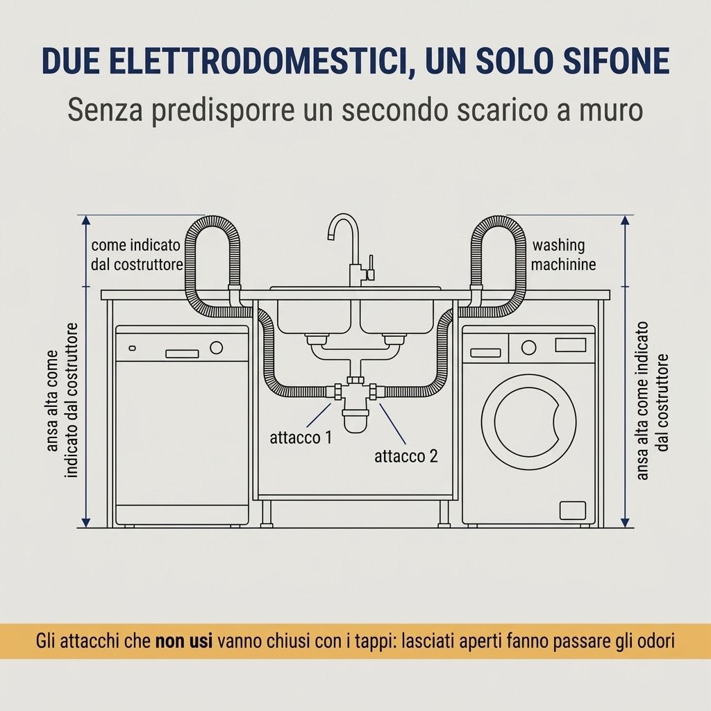 Schema illustrativo del sifone salvaspazio lavello con due attacchi per collegare lavatrice e lavastoviglie senza opere murarie.