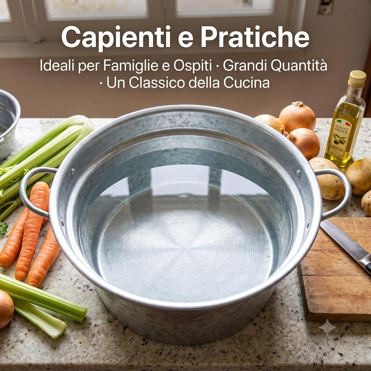 Pentola capiente dal set di caldaie in alluminio con acqua, verdure fresche e olio su un piano cucina per preparare brodo e pasta.