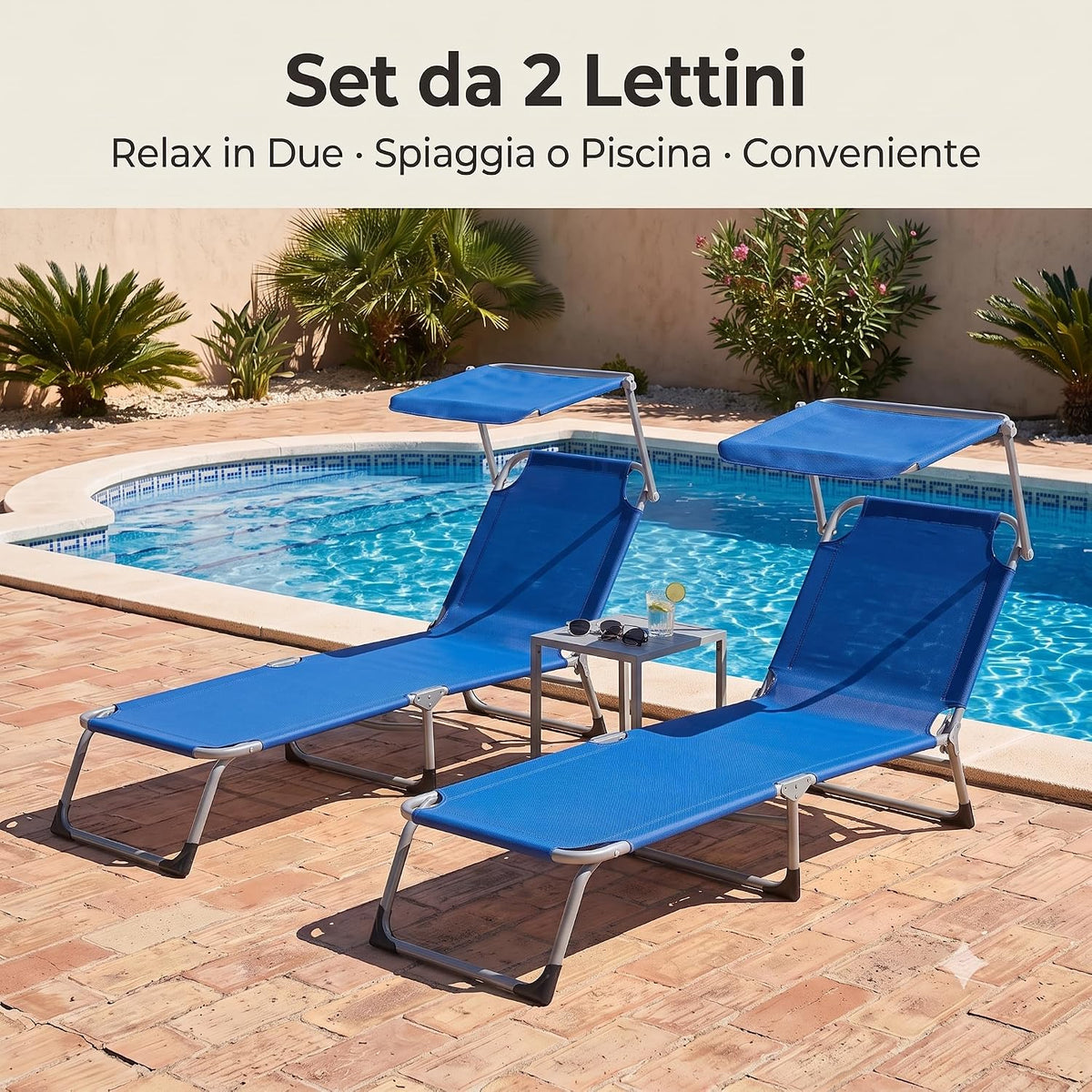 Set di 2 lettini da mare con parasole in textilene blu a bordo piscina per spiaggia e giardino.