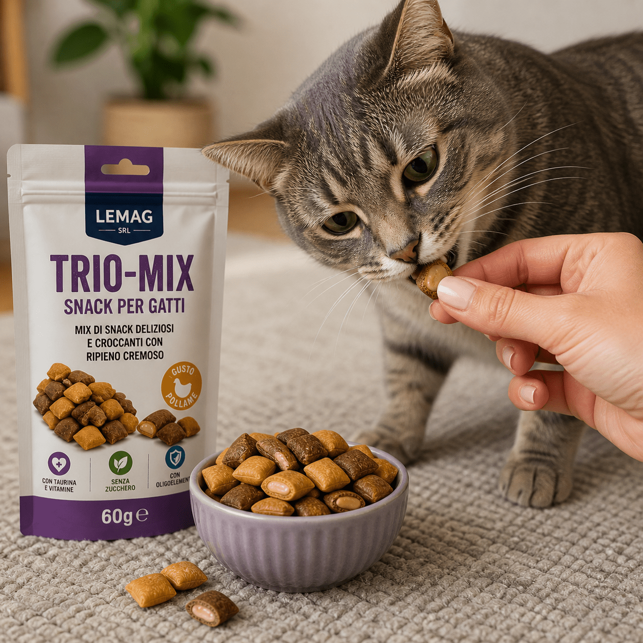 Snack per Gatti Trio Mix 60g 3 Confezioni Gusto Pollame Croccanti con Ripieno Cremoso Taurina Vitamine Senza Zucchero - Lemag srl