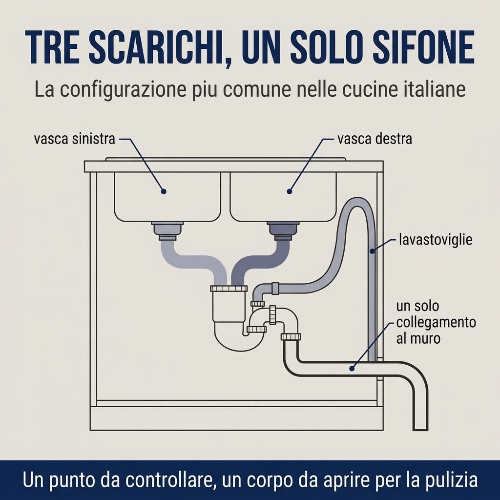 Schema tecnico a tre scarichi con collegamento salvaspazio, ideale da abbinare al sifone vasca ribassato.