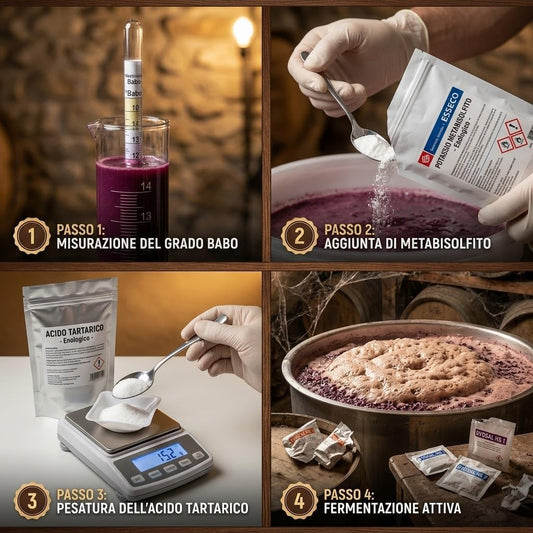 Guida in 4 passaggi per usare il kit enologico per vino: misurazione Babo, metabisolfito, acido tartarico e fermentazione.
