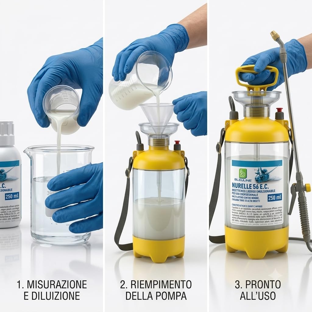 Fasi di preparazione dell'insetticida alla cipermetrina: misurazione, riempimento della pompa e pronto all'uso.