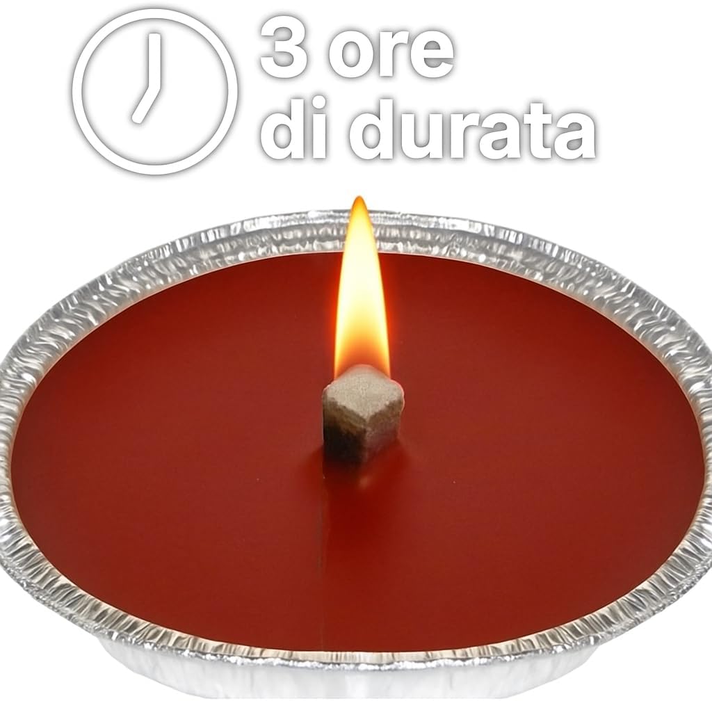 Fiaccole da Giardino in Alluminio Ø14 cm – Confezione da 12 – Cera Rossa – Durata 3 Ore – Antivento, Ideali per Esterni, Feste, Eventi, Atmosfera Romantica - Lemag srl