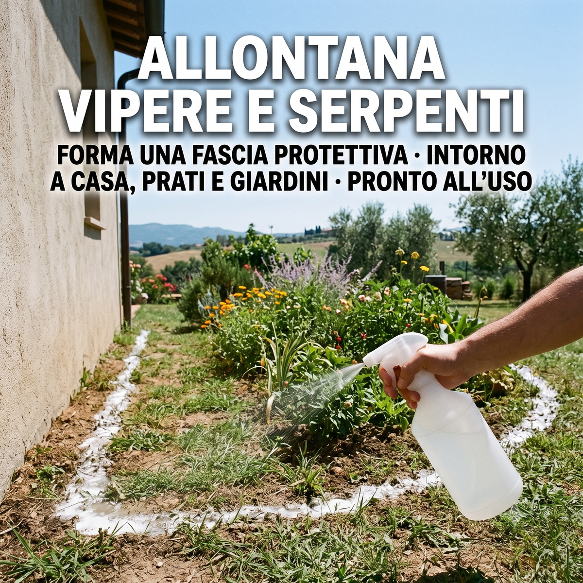 Applicazione del disabituante vipere spray in giardino per creare una barriera naturale e proteggere la casa dai rettili.