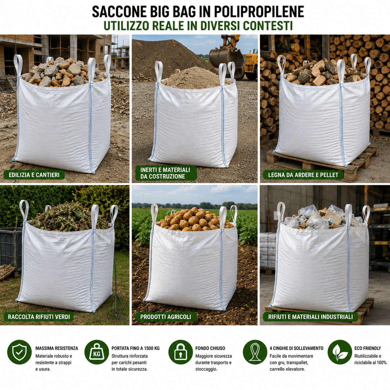 Saccone Big Bag in Polipropilene Fondo Chiuso 90x90x120 cm Portata 1500 Kg - Lemag srl