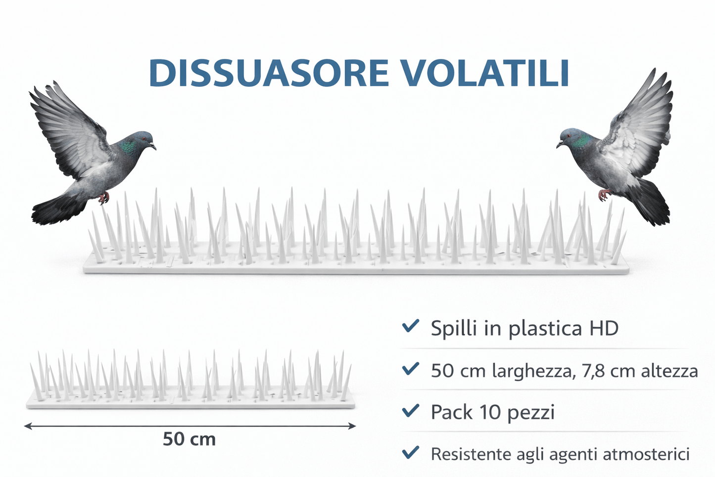 Dissuasore Volatili per Muretto in Plastica HD – 50x7,8 cm – Pacco 10 Pezzi – Anti Piccioni Bianco - Lemag srl
