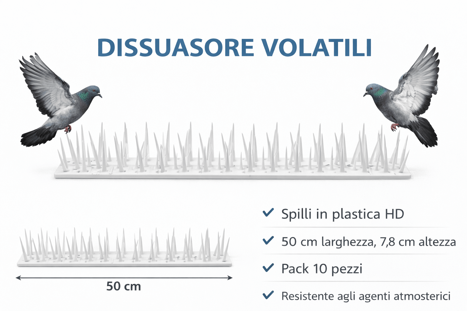Dissuasore Volatili per Muretto in Plastica HD – 50x7,8 cm – Pacco 10 Pezzi – Anti Piccioni Bianco - Lemag srl
