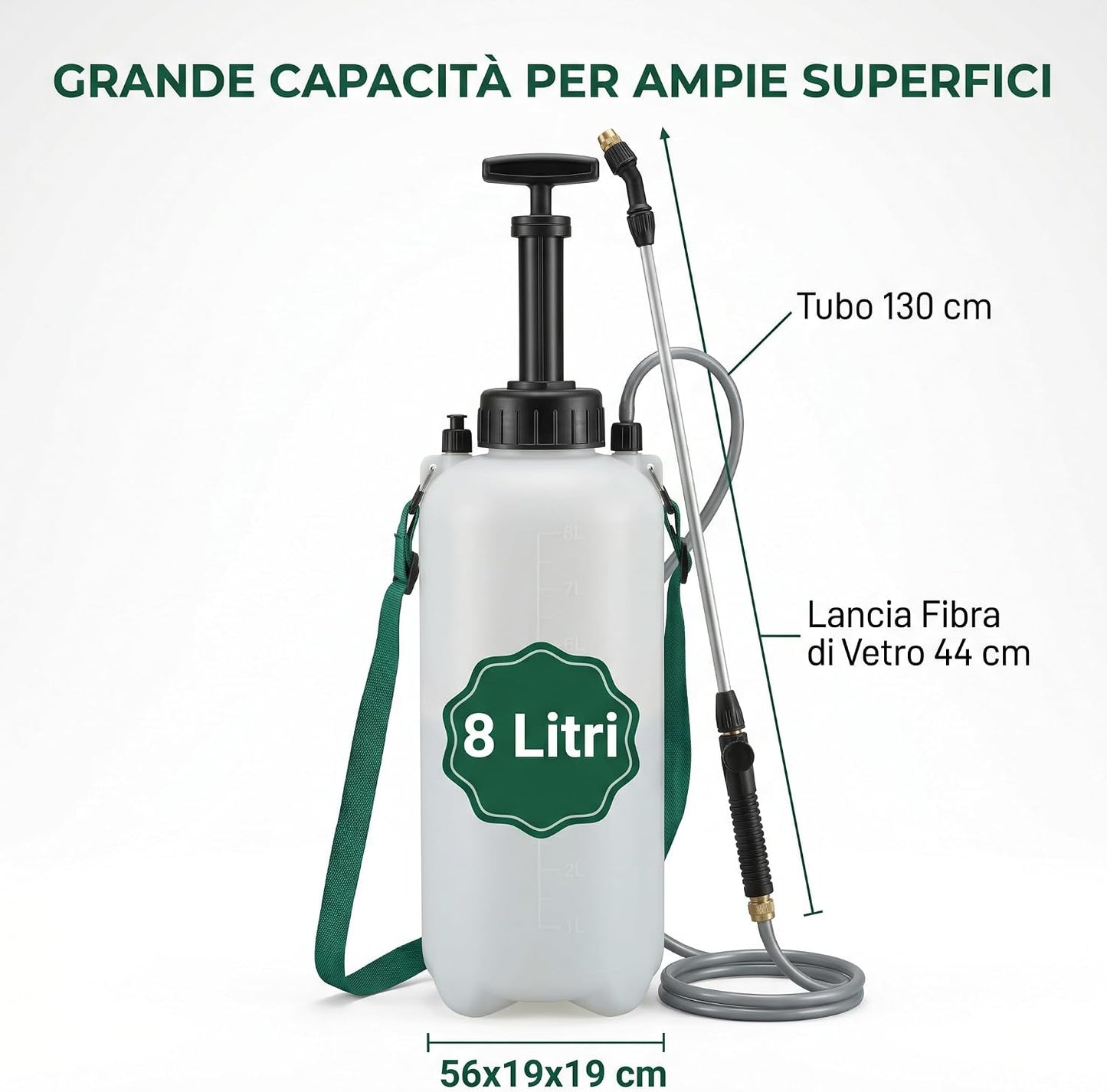 Pompa a Pressione 8 Litri – Vaporizzatore Irroratore Manuale con Lancia in Fibra di Vetro 44 cm e Tubo 130 cm – Nebulizzatore per Trattamenti Piante Orto e Grandi Superfici - Lemag srl
