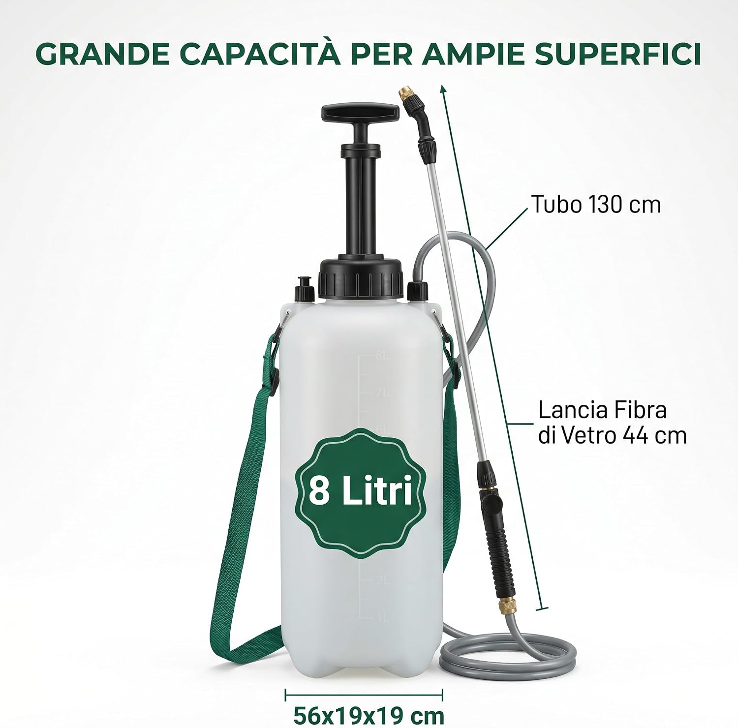 Pompa a Pressione 8 Litri – Vaporizzatore Irroratore Manuale con Lancia in Fibra di Vetro 44 cm e Tubo 130 cm – Nebulizzatore per Trattamenti Piante Orto e Grandi Superfici - Lemag srl