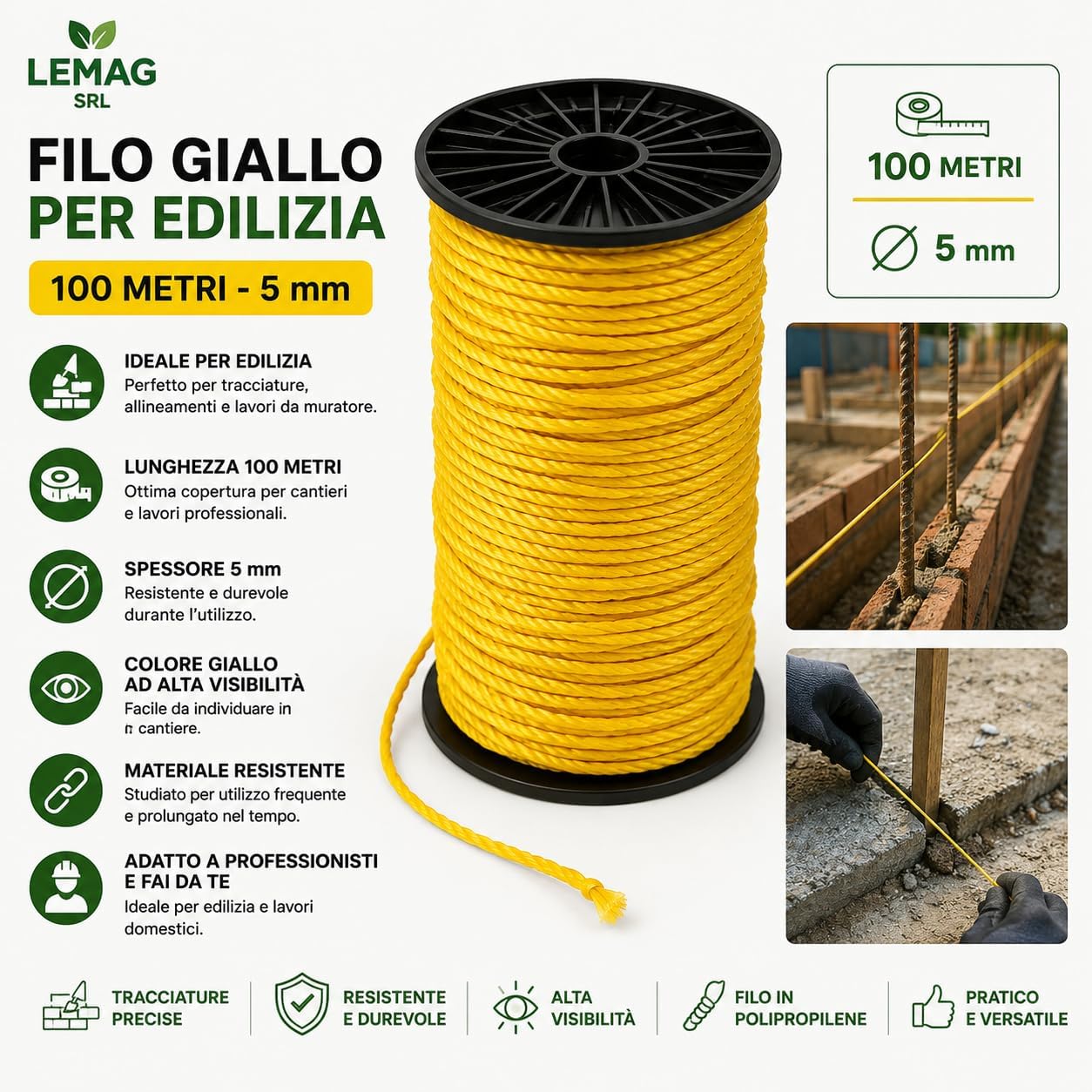 Filo Giallo per Edilizia 100 Metri 5 mm - Lemag srl