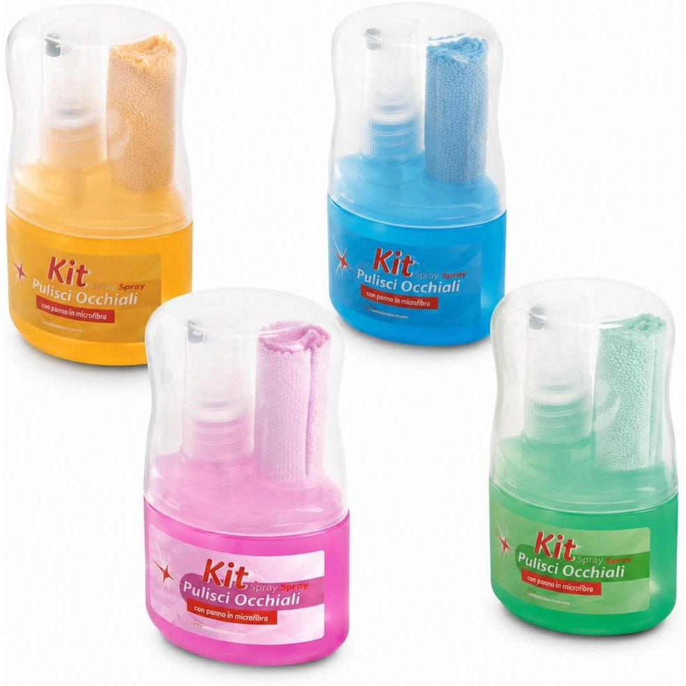 Set multipack con 4 kit pulizia occhiali colorati dotati di spray detergente anti-aloni e panno in microfibra.