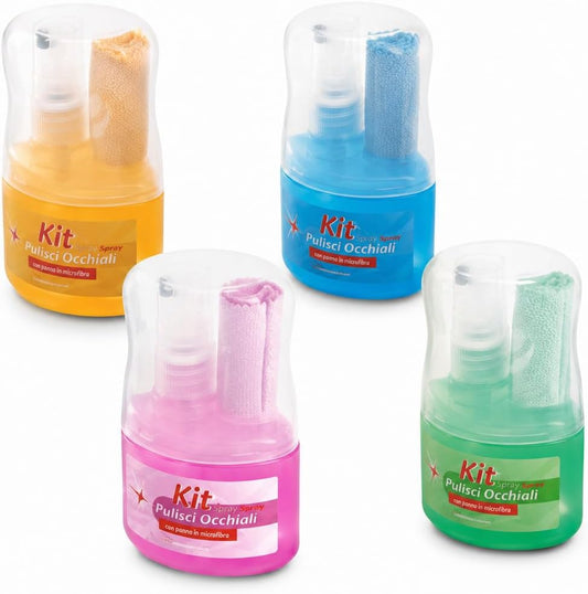 Set multipack con 4 kit pulizia occhiali colorati dotati di spray detergente anti-aloni e panno in microfibra.