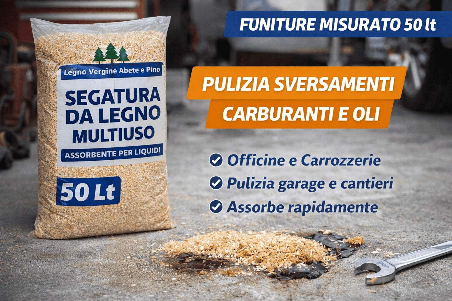 Segatura di Legno Multiuso 50 Lt – Alto Potere Assorbente per Officine e Pulizia Liquidi - Lemag srl