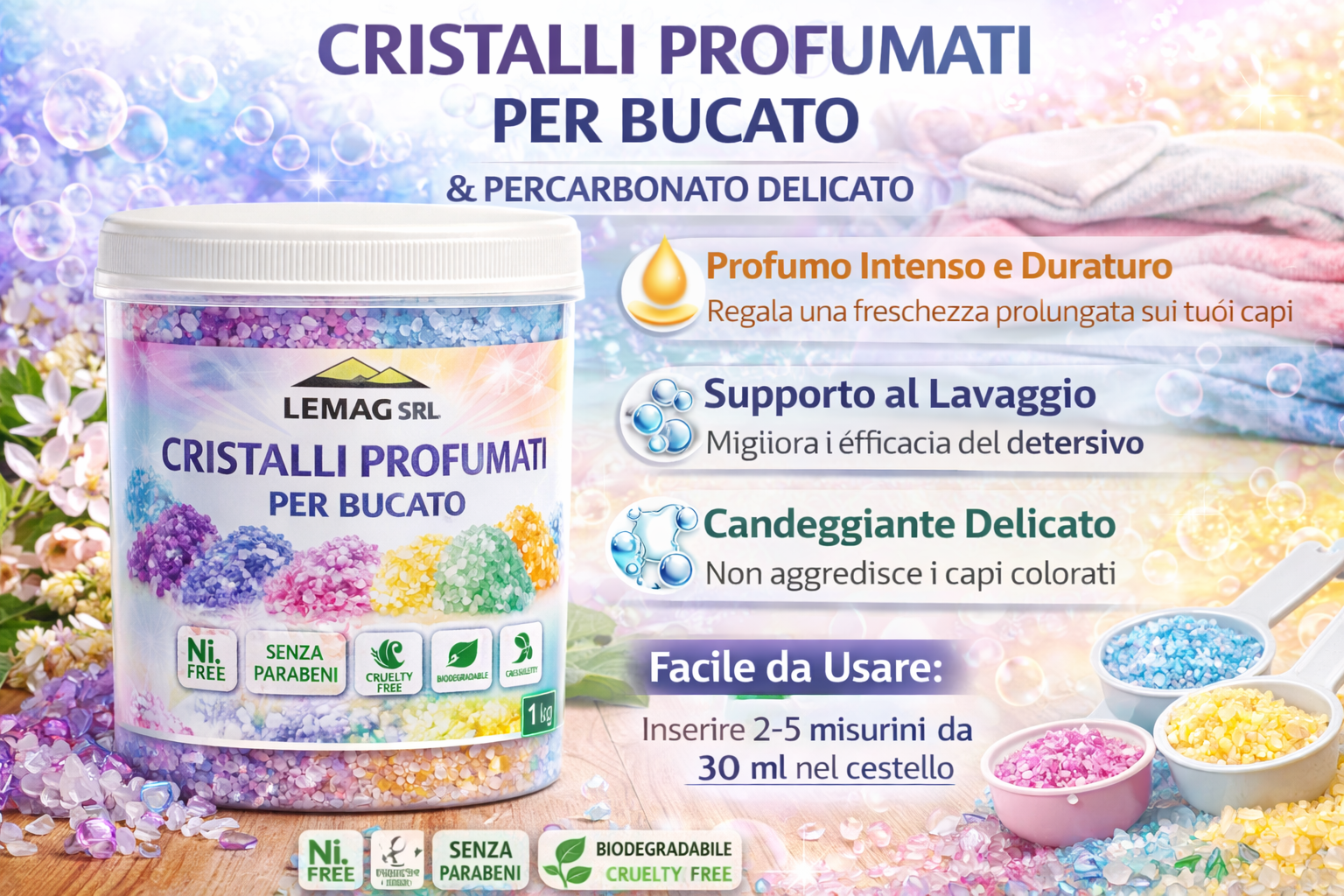 Cristalli Profumati Bucato 1 Kg con Percarbonato – Ammorbidente Naturale e Candeggiante Delicato – Nickel Free – LEMAG SRL - Lemag srl