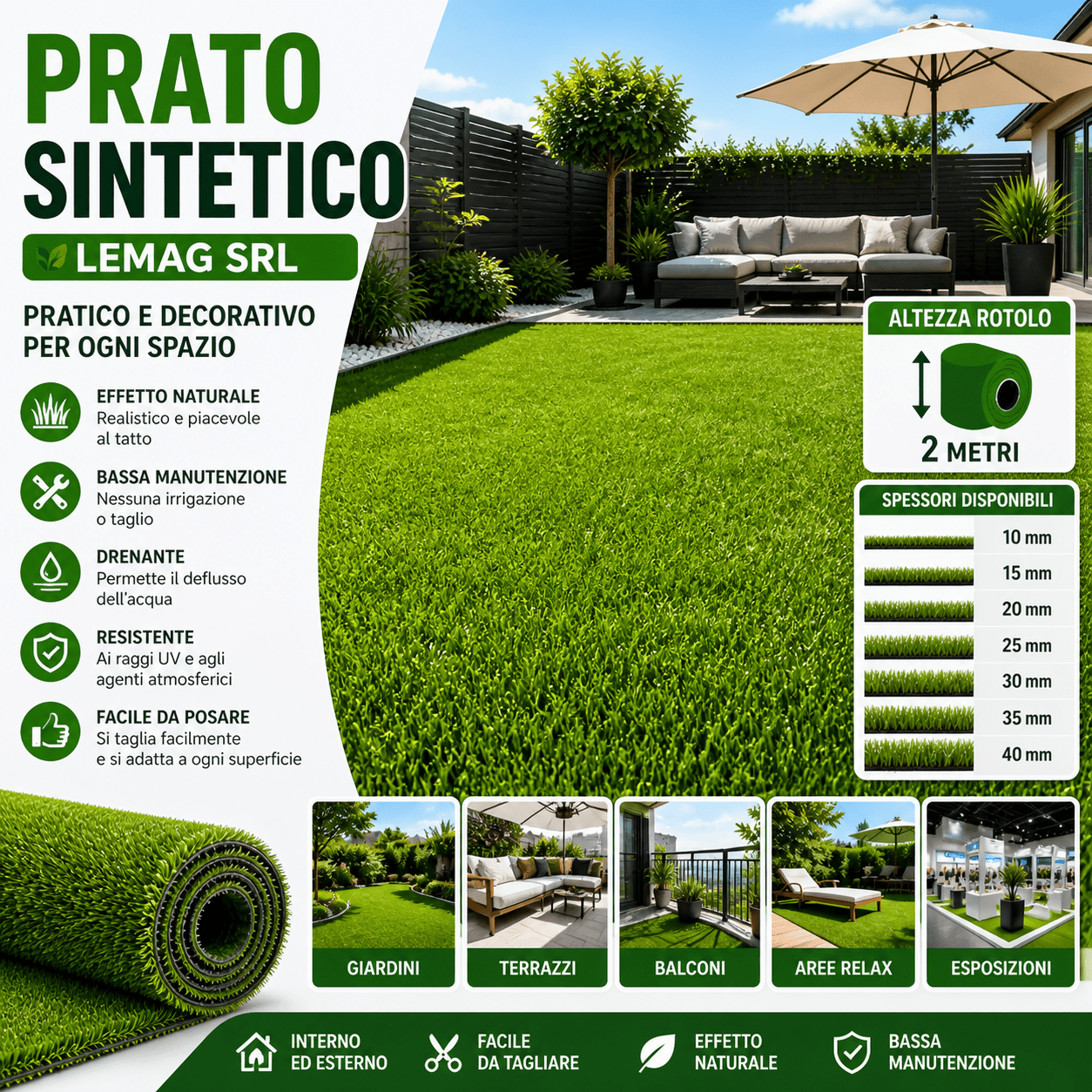 Prato Sintetico Altezza 2 Metri Erba Artificiale 5 MT LUNGHEZZA Vari Spessori 10 - 15 - 20 - 25 - 30 - 35 - 40 mm per Giardino Terrazzo Balcone - Lemag srl