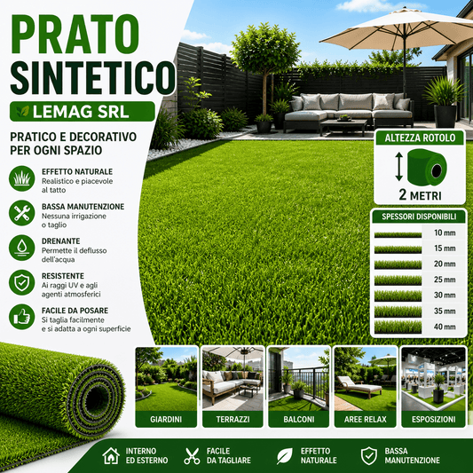 Prato Sintetico Altezza 2 Metri Erba Artificiale 5 MT LUNGHEZZA Vari Spessori 10 - 15 - 20 - 25 - 30 - 35 - 40 mm per Giardino Terrazzo Balcone - Lemag srl