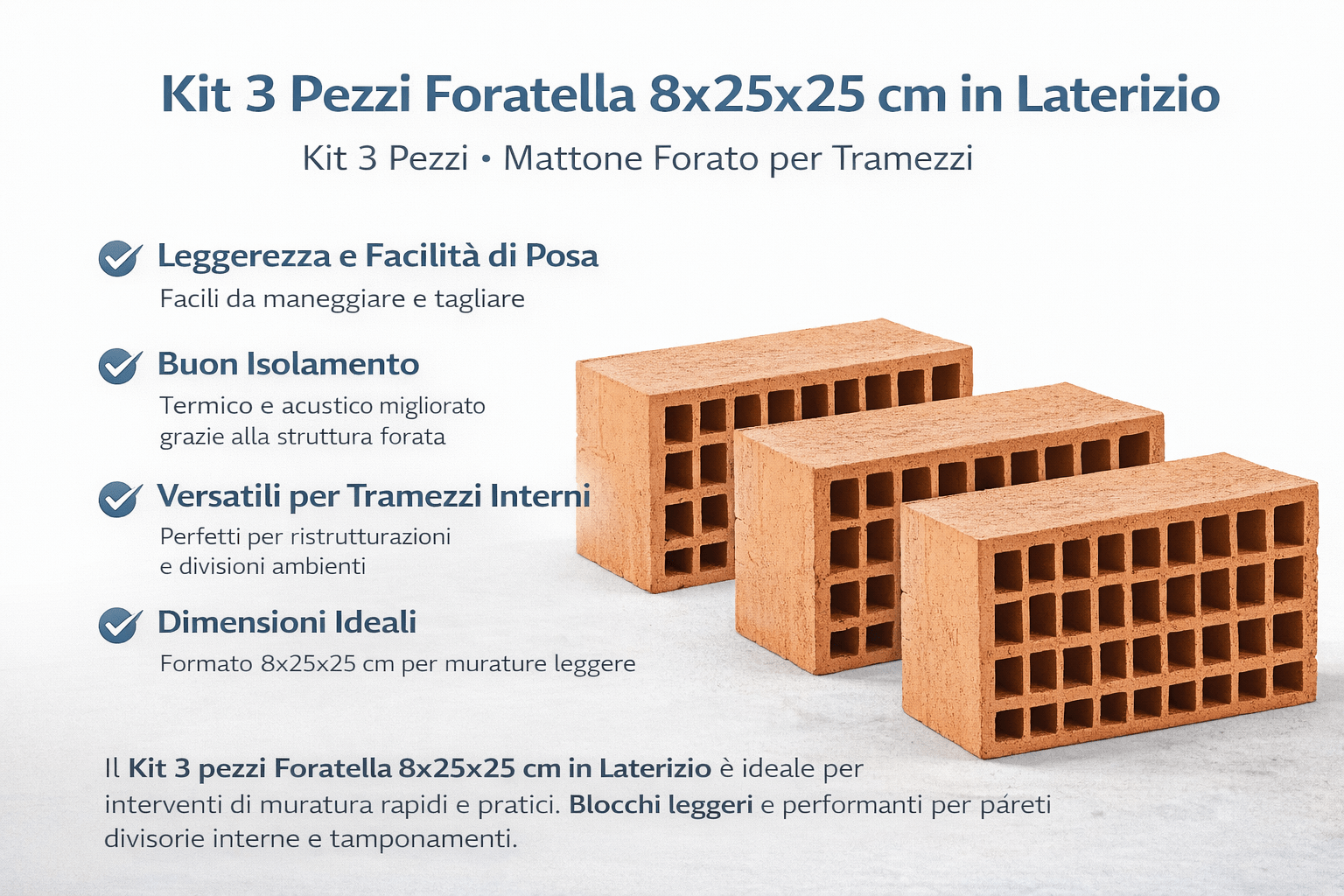 Foratella 8x25x25 cm in Laterizio – Kit 3 Pezzi – Mattone Forato per Tramezzi - Lemag srl
