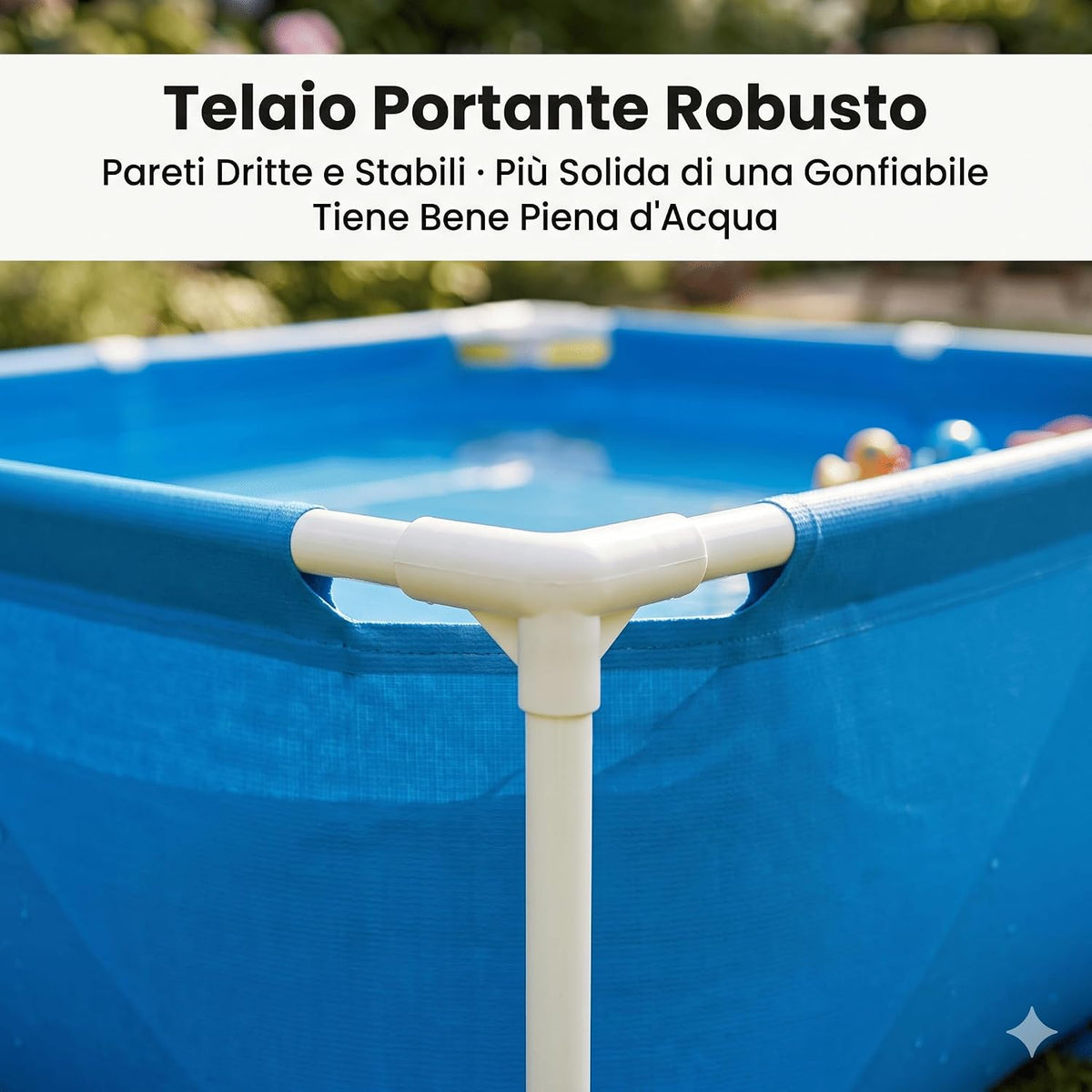 Dettaglio del telaio portante robusto di una piscina frame per bambini.