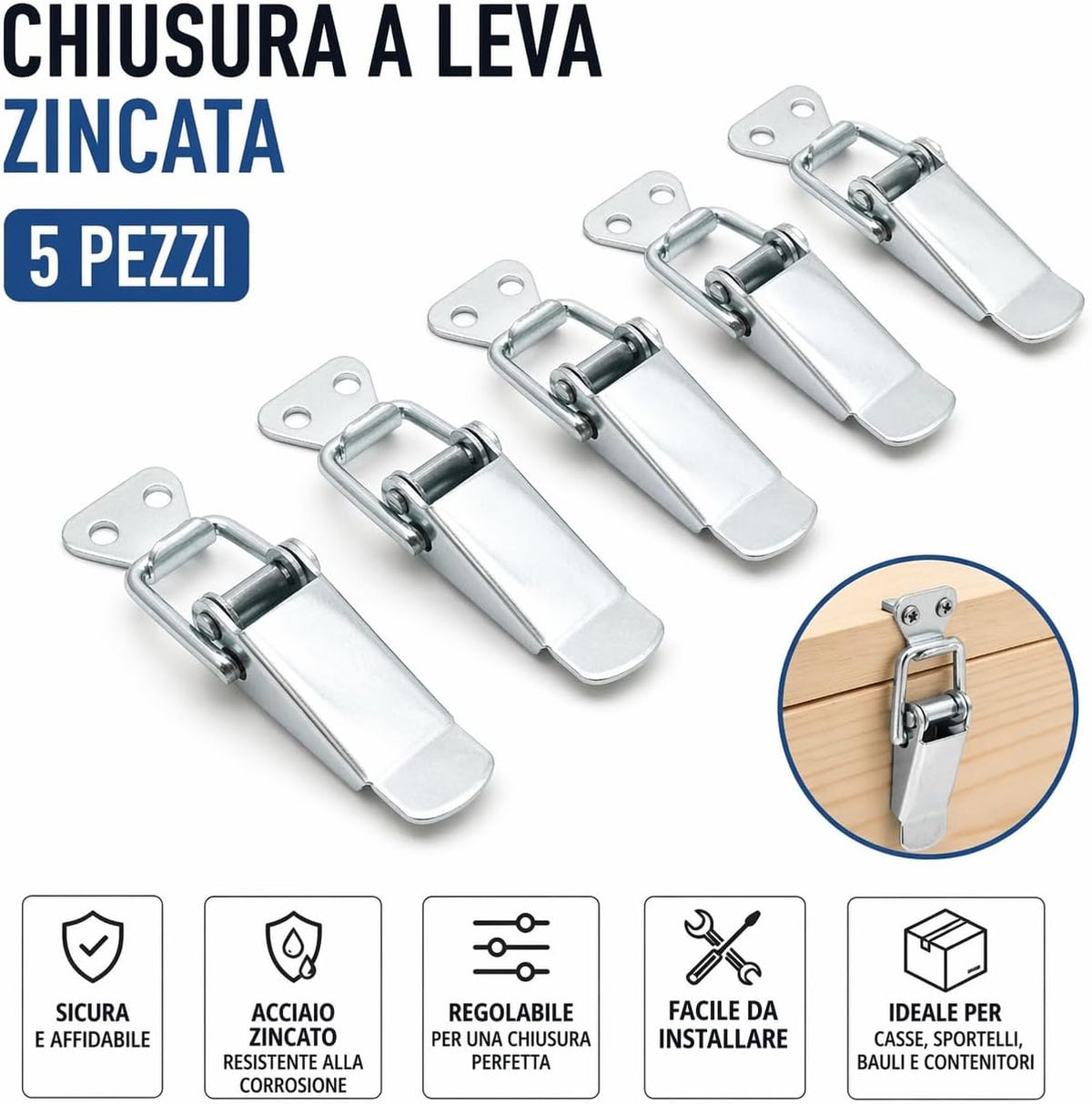 Chiusura a Leva Zincata 5 Pezzi Gancio di Chiusura Regolabile per Casse Sportelli e Contenitori Alta Resistenza - Lemag srl