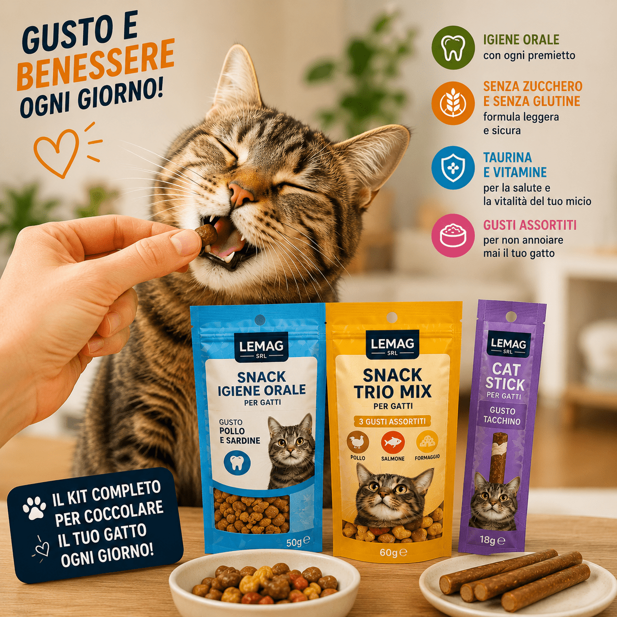 Kit Snack Gatto 9 Confezioni — 3x Igiene Orale 50g + 3x Trio Mix 60g + 3x Cat Stick 18g Naturale Senza Zucchero LEMAG - Lemag srl
