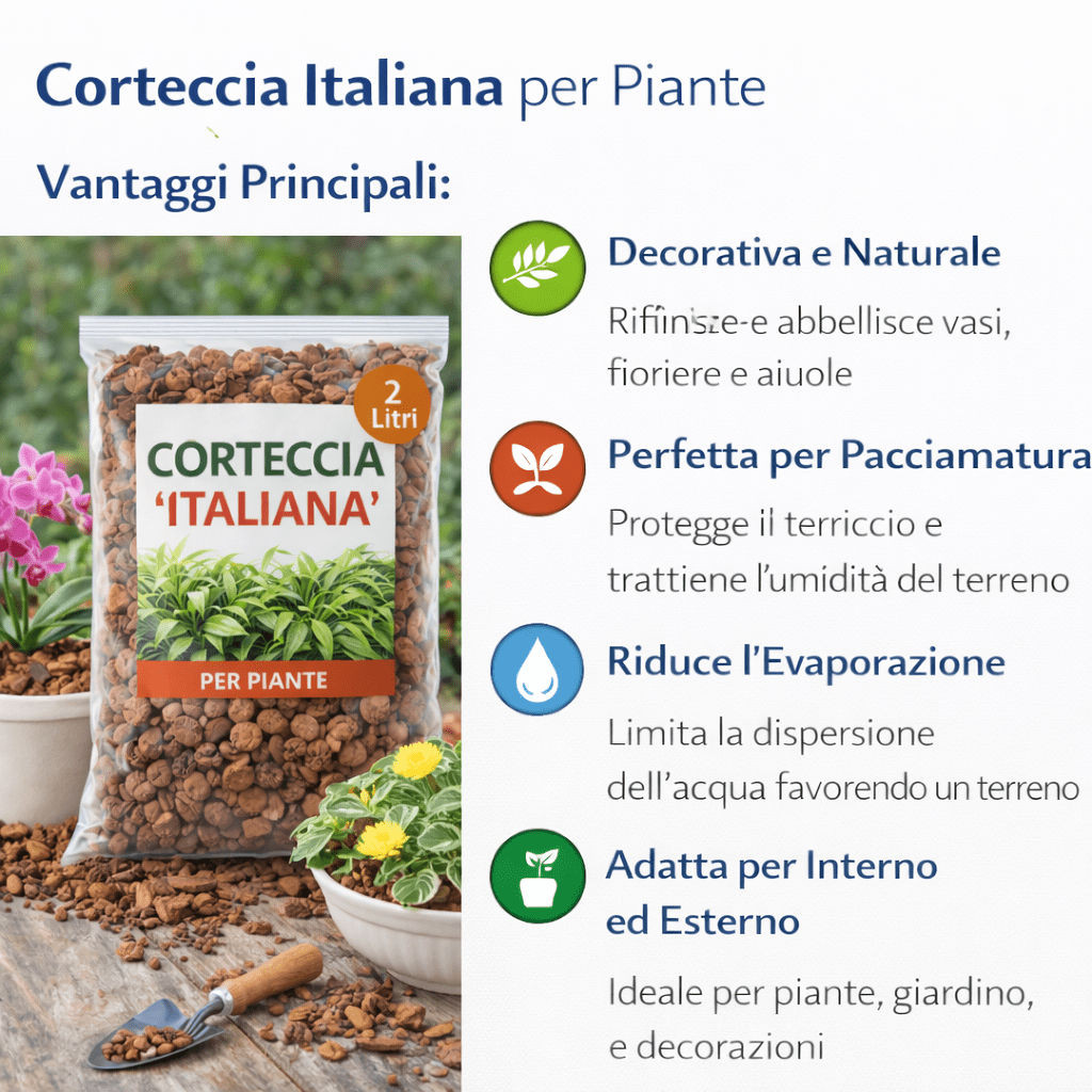 Corteccia Italiana per Piante 2 Litri – Pacciamatura Naturale per Vasi, Fioriere e Giardino – Decorativa e Protettiva - Lemag srl