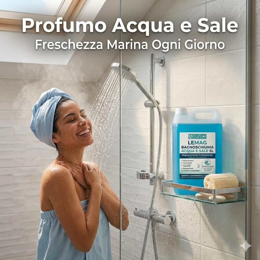 Bagnoschiuma Acqua e Sale 5 Litri — Docciaschiuma Profumo Marino Fresco con Note di Sale e Brezza Iodica, Senza Parabeni e Nickel, Biodegradabile, Cruelty Free — Made in Italy - Lemag srl