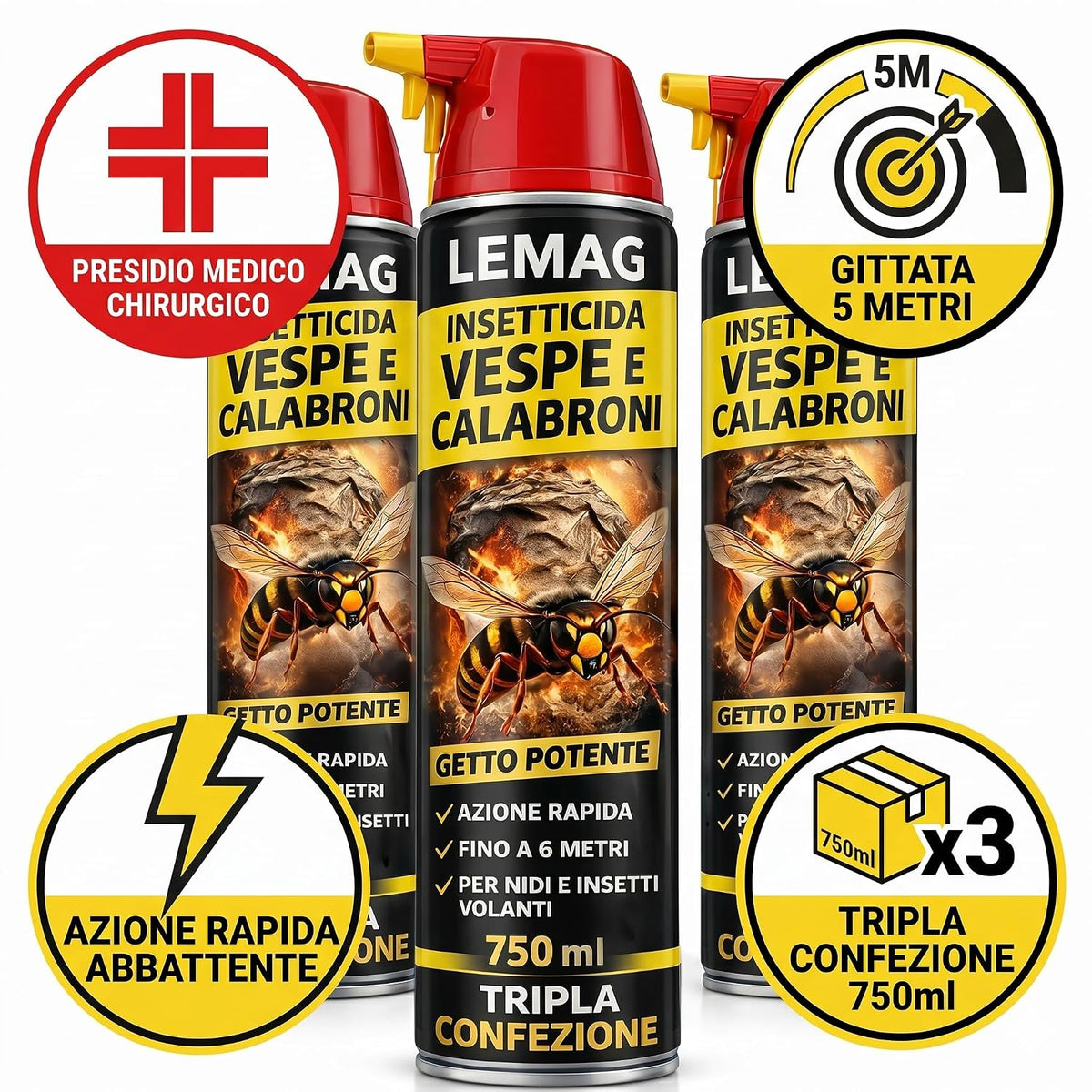 Insetticida Spray Vespe e Calabroni 750 ml x 3 – Gittata 5 m - Lemag srl