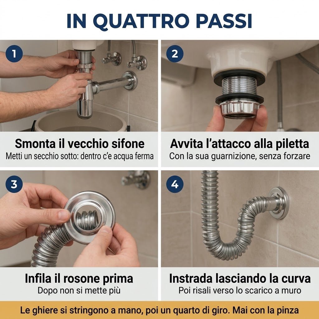 Istruzioni in 4 passaggi per montare il sifone eccentrico lavabo e bidet per lo scarico a muro.